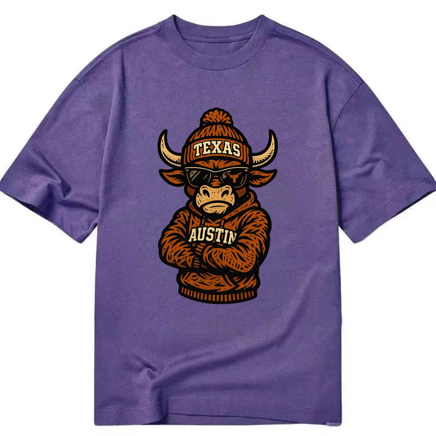 Austin Bevo wearing Texas beanie with longhorn patch - Classic T-shirt - Purple