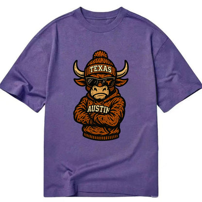 Austin Bevo wearing Texas beanie with longhorn patch - Classic T-shirt - Purple
