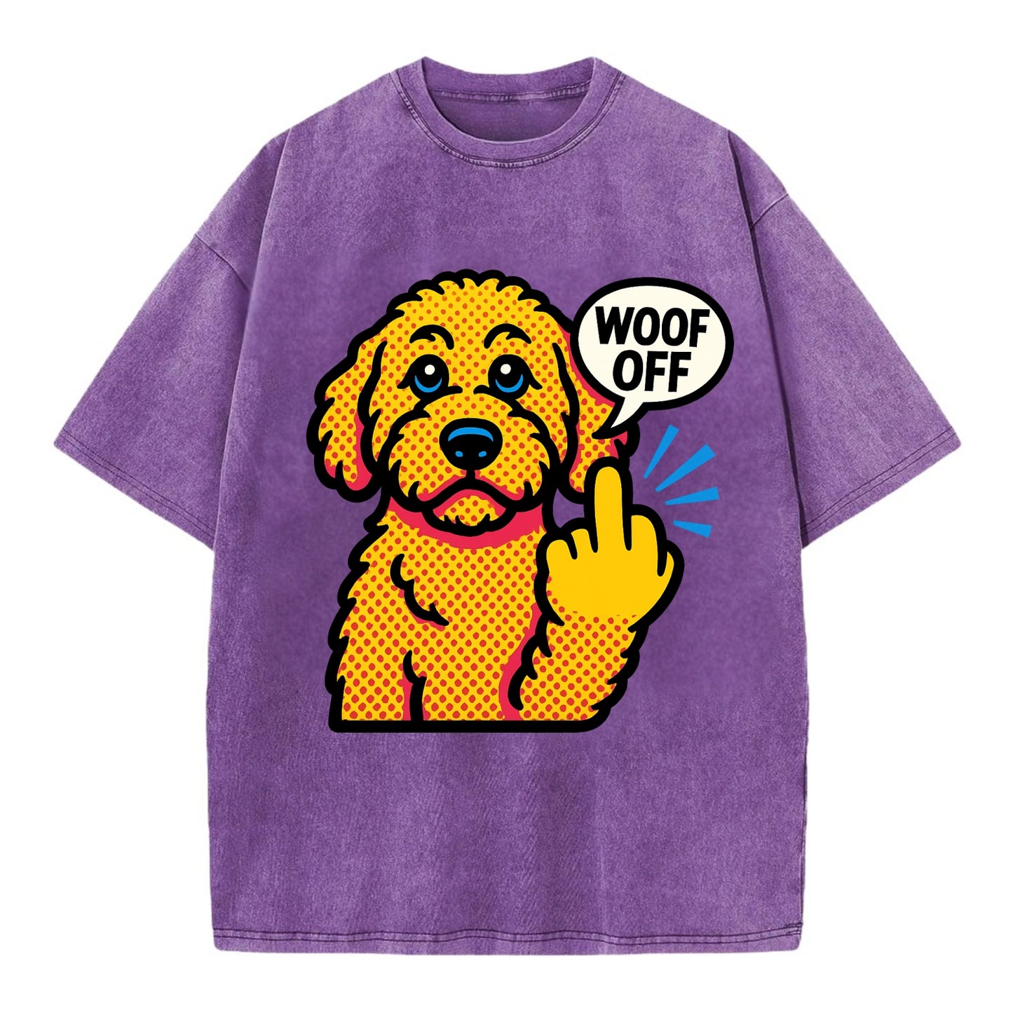 Goldendoodle with teddy bear face and curly golden coat, friendly paw flipping off - Vintage T-shirt - Purple