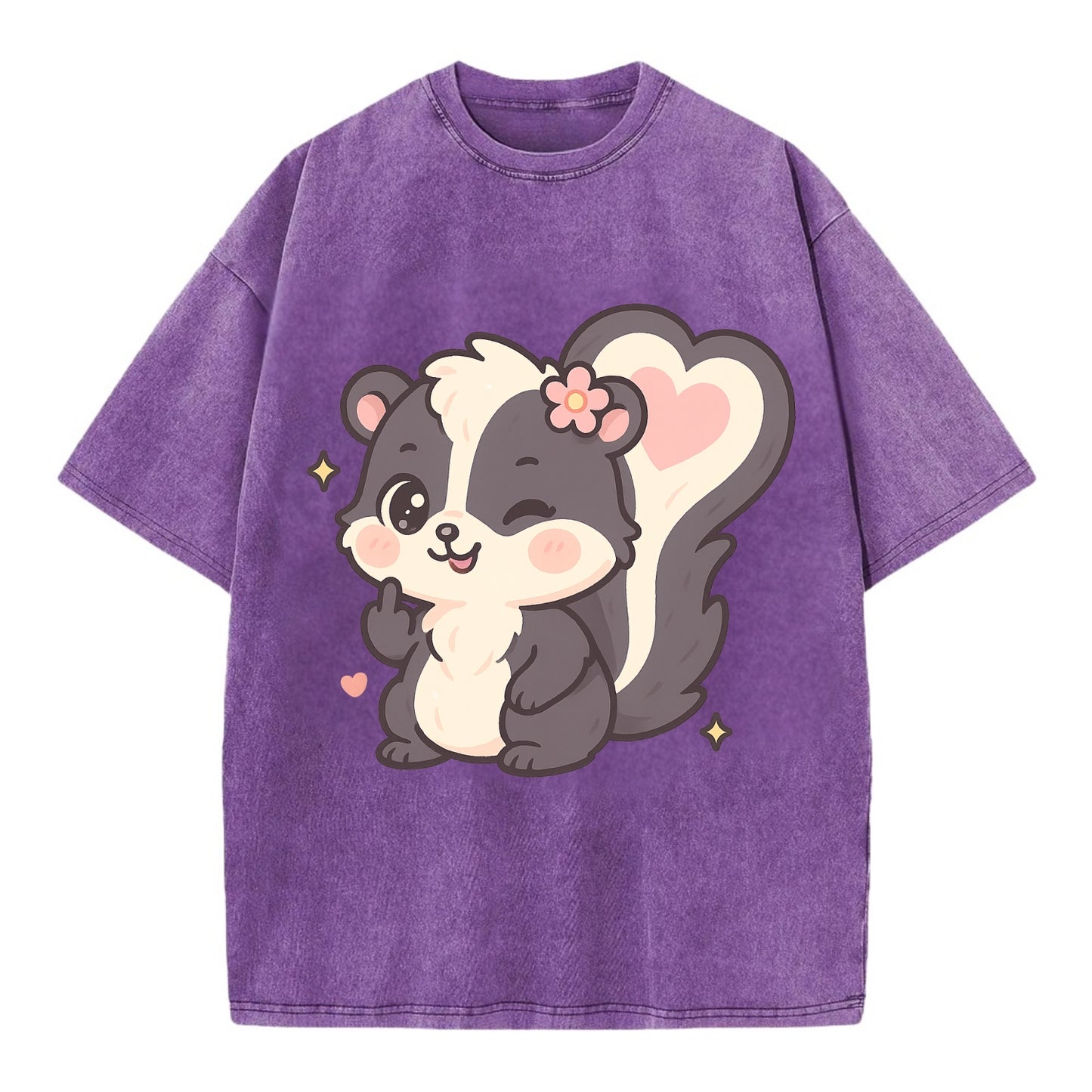 fluffy skunk with heart-shaped tail pattern, one paw up showing sass - Vintage T-shirt - Purple