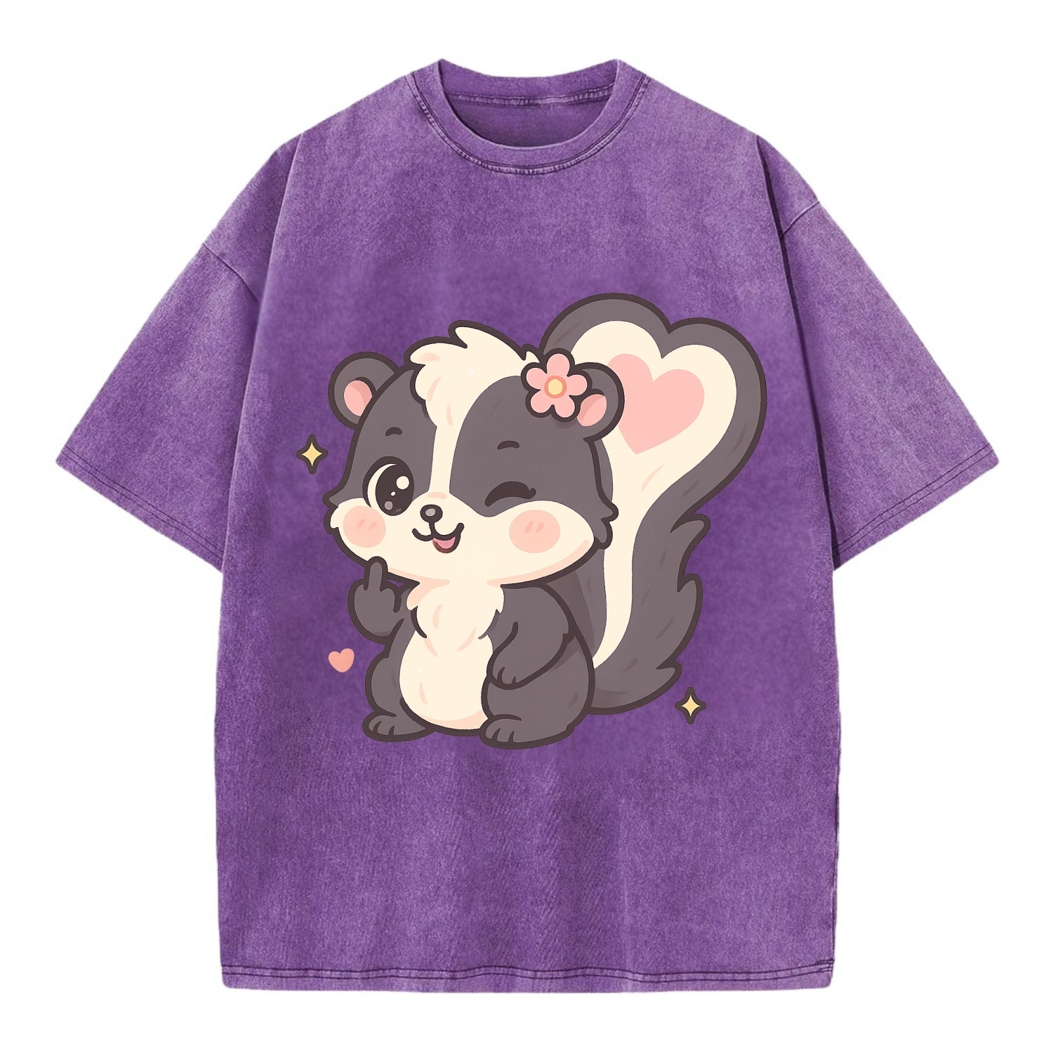 fluffy skunk with heart-shaped tail pattern, one paw up showing sass - Vintage T-shirt - Purple