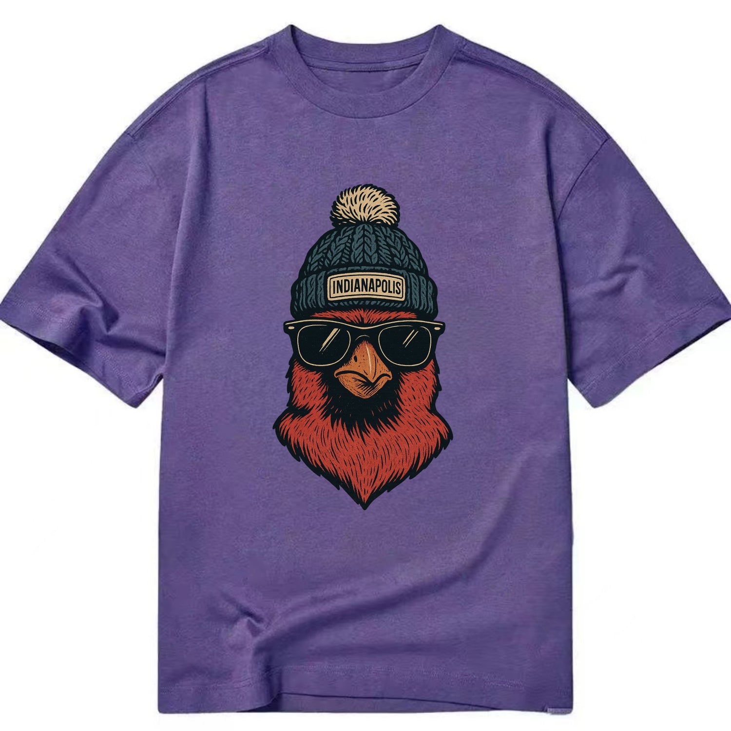 Indiana Cardinal wearing Indianapolis beanie with pom pom and wayfarer sunglasses - Classic T-shirt - Purple