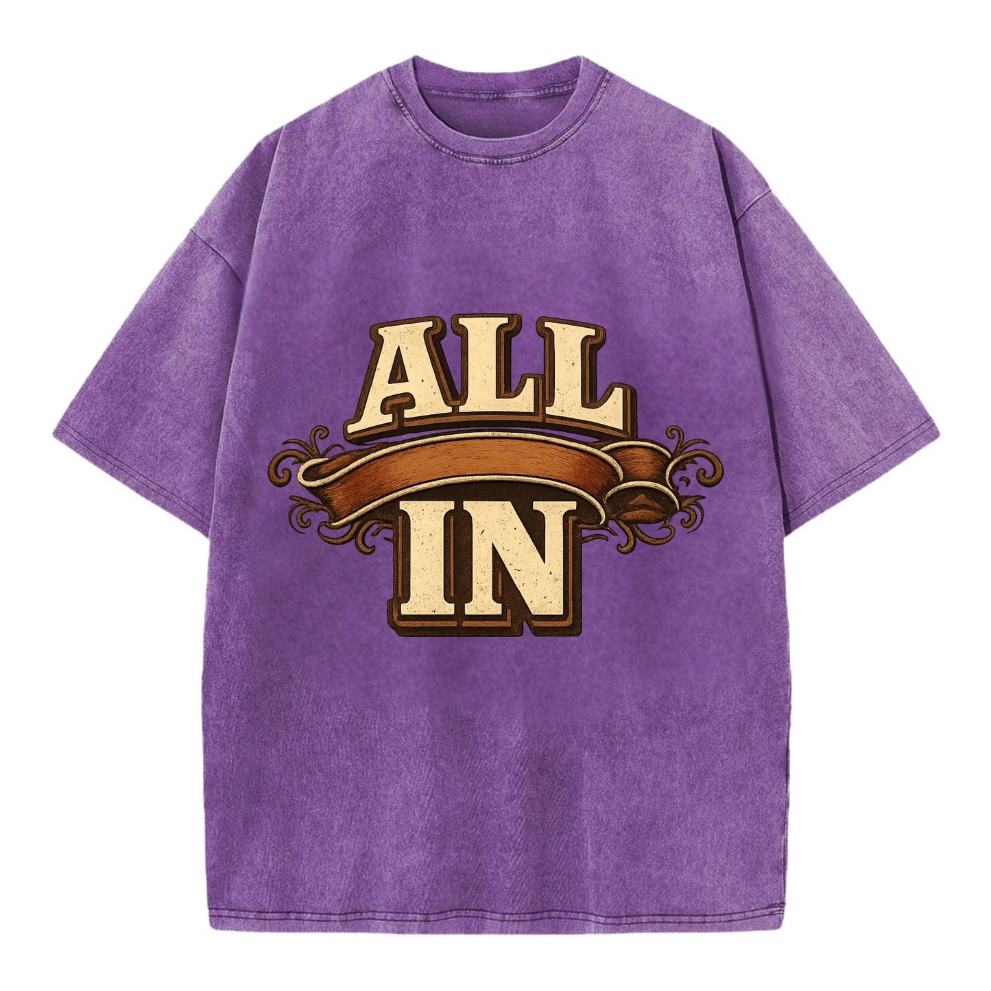 Bold typography design - "ALL IN" - complete commitment, no holding back - Vintage T-shirt - Purple