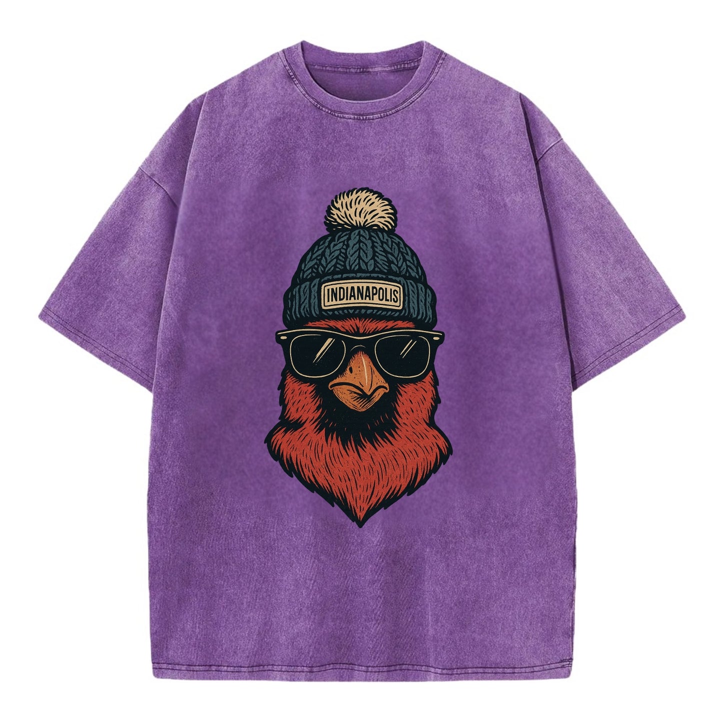 Indiana Cardinal wearing Indianapolis beanie with pom pom and wayfarer sunglasses - Vintage T-shirt - Purple