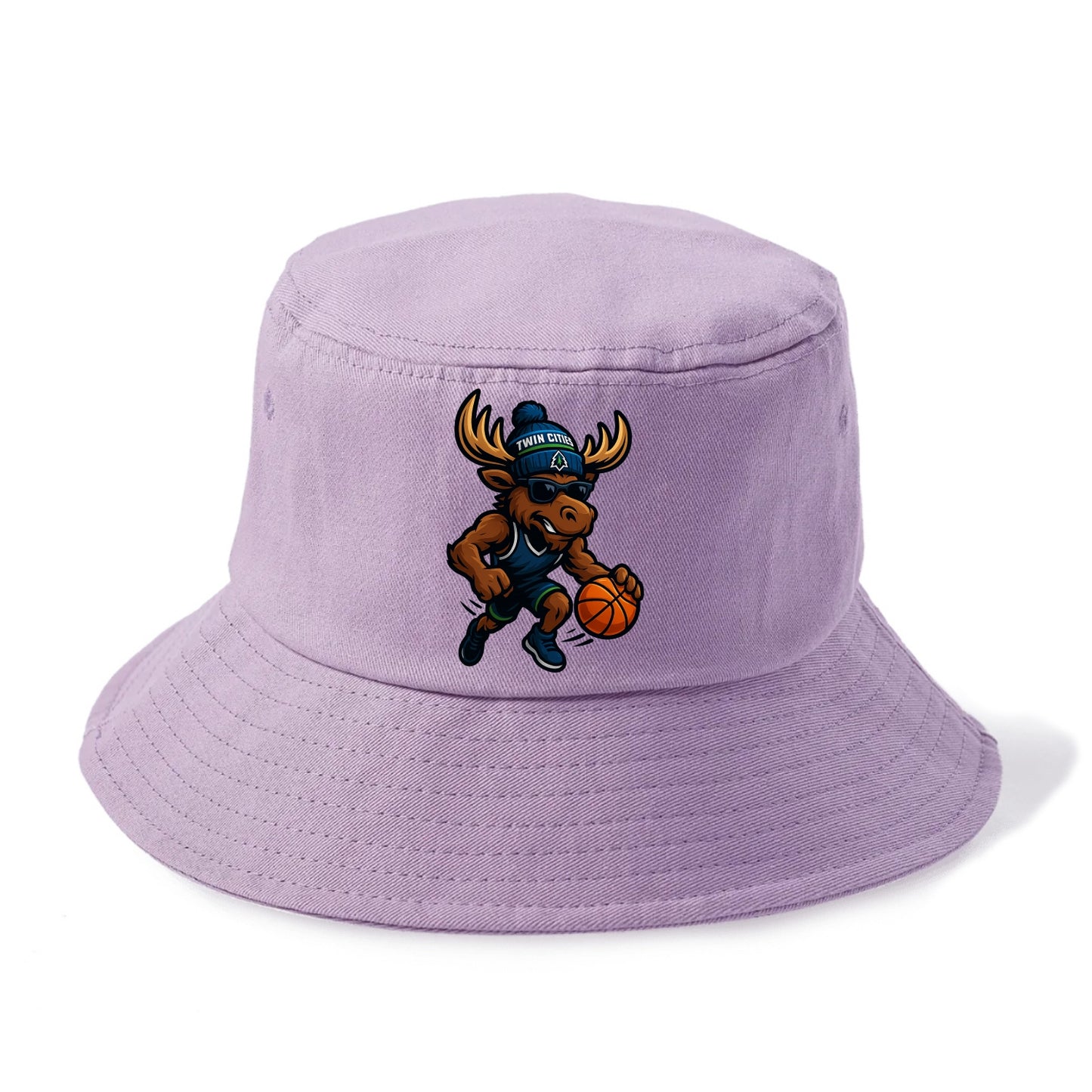 Twin Cities Moose wearing Timberwolves beanie with pine tree patch and wayfarer - Bucket Hat - Purple