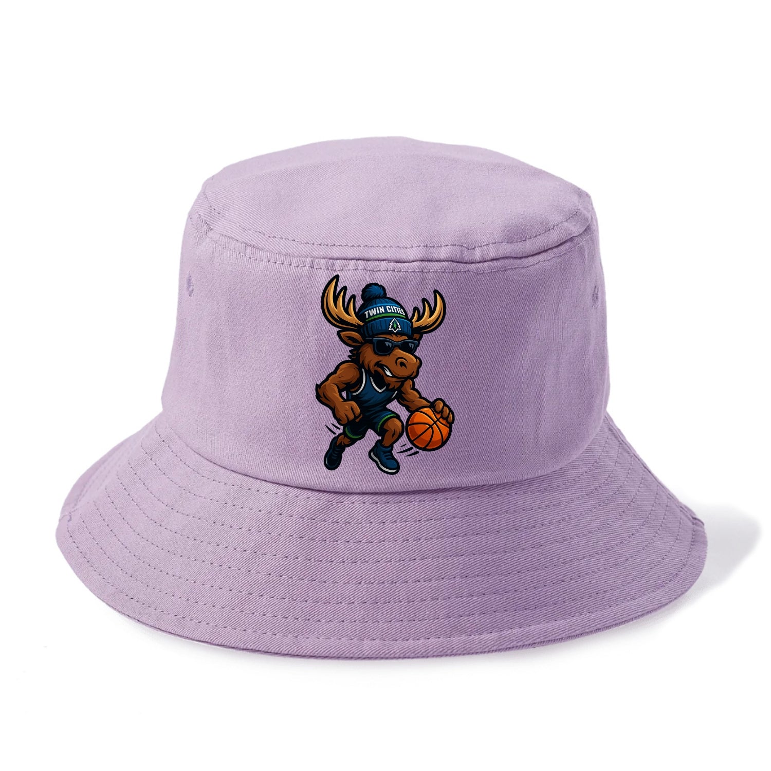 Twin Cities Moose wearing Timberwolves beanie with pine tree patch and wayfarer - Bucket Hat - Purple