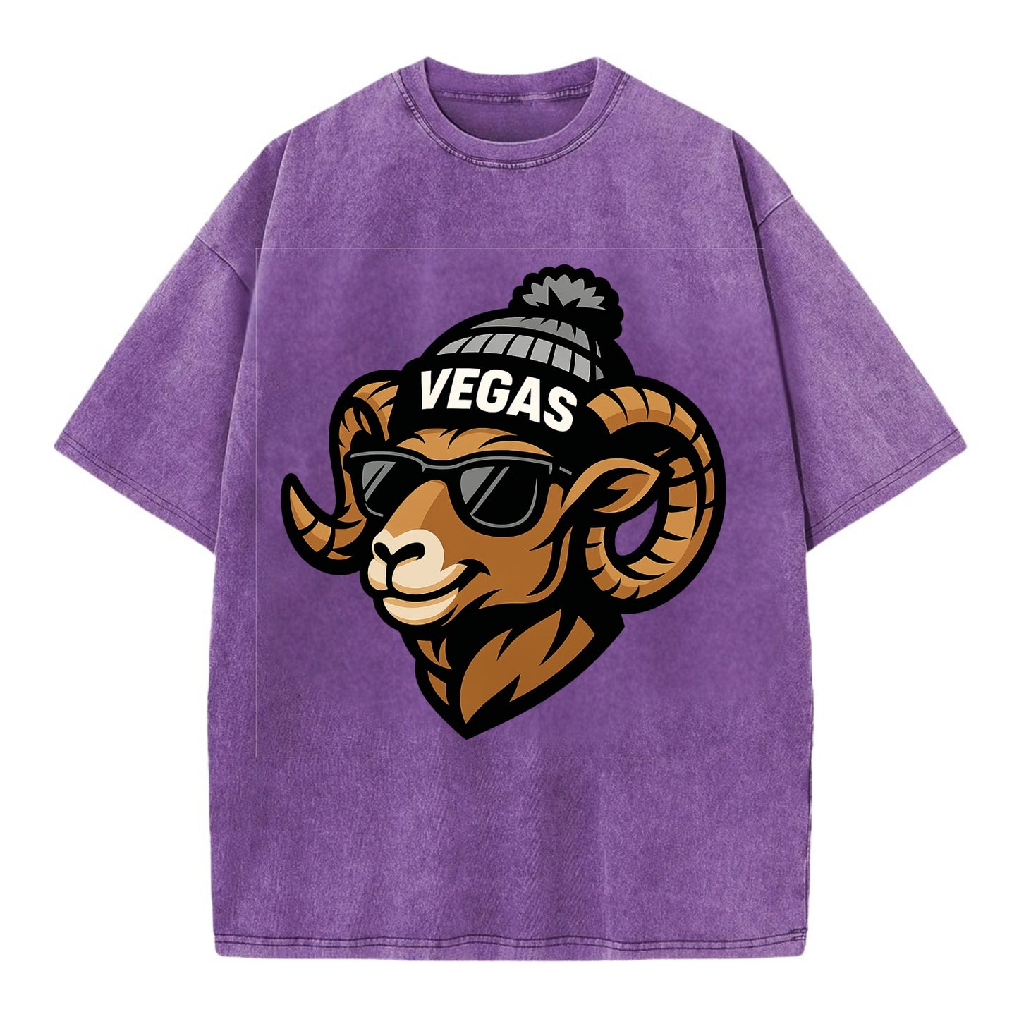 Vegas Desert Bighorn wearing Raiders silver and black beanie with pom pom and - Vintage T-shirt - Purple