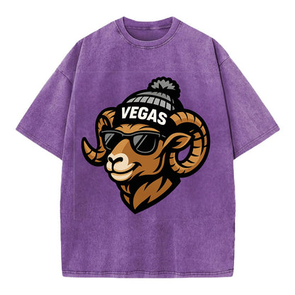 Vegas Desert Bighorn wearing Raiders silver and black beanie with pom pom and - Vintage T-shirt - Purple