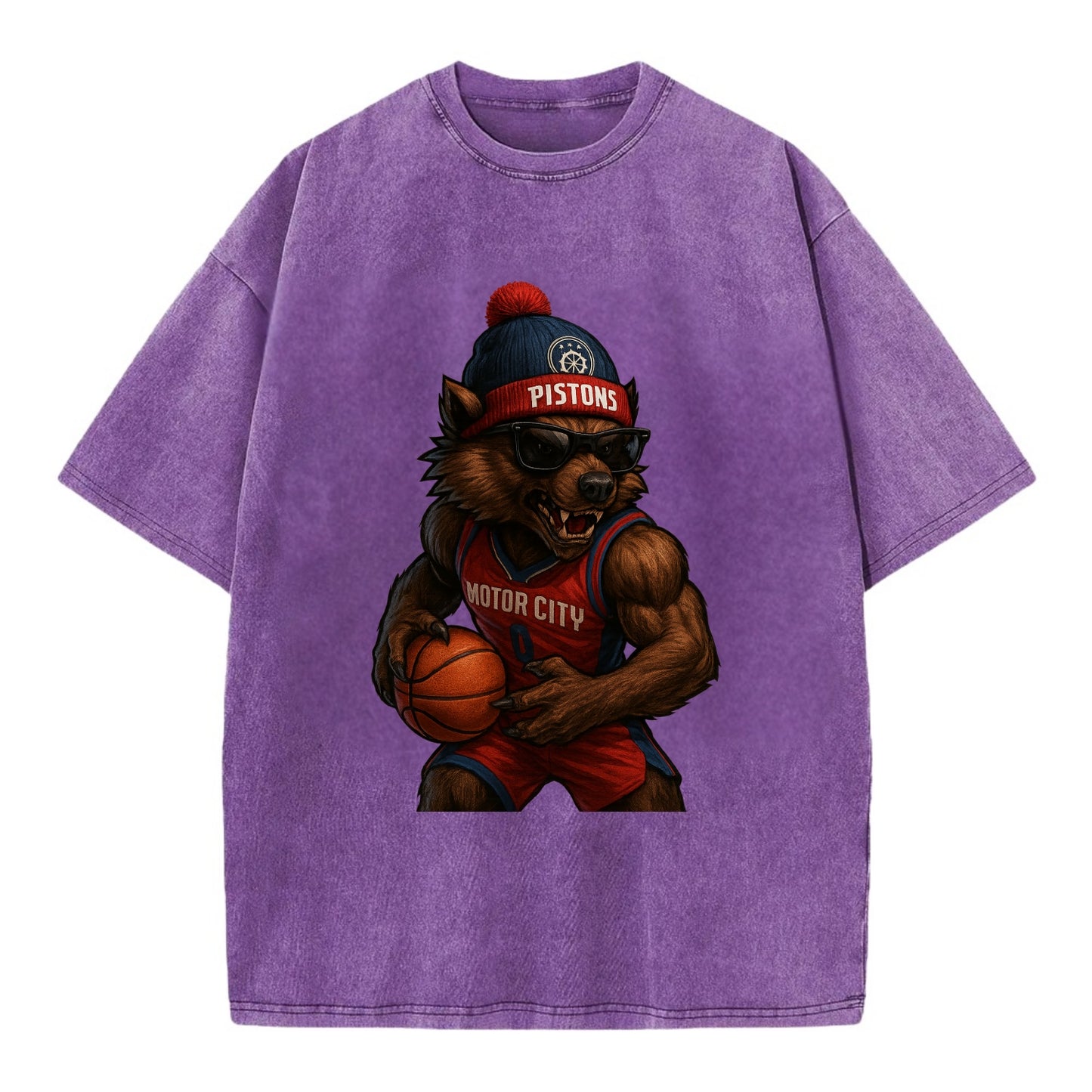Motor City Wolverine wearing Pistons beanie with gear patch and wayfarer - Vintage T-shirt - Purple