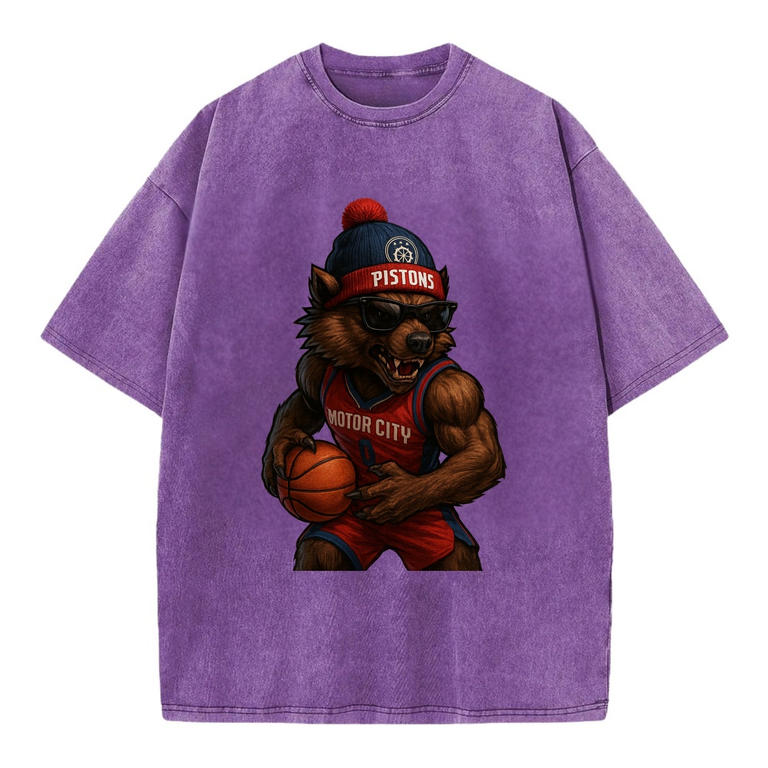Motor City Wolverine wearing Pistons beanie with gear patch and wayfarer - Vintage T-shirt - Purple