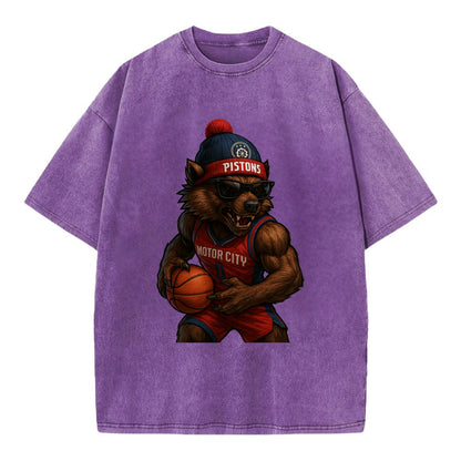 Motor City Wolverine wearing Pistons beanie with gear patch and wayfarer - Vintage T-shirt - Purple