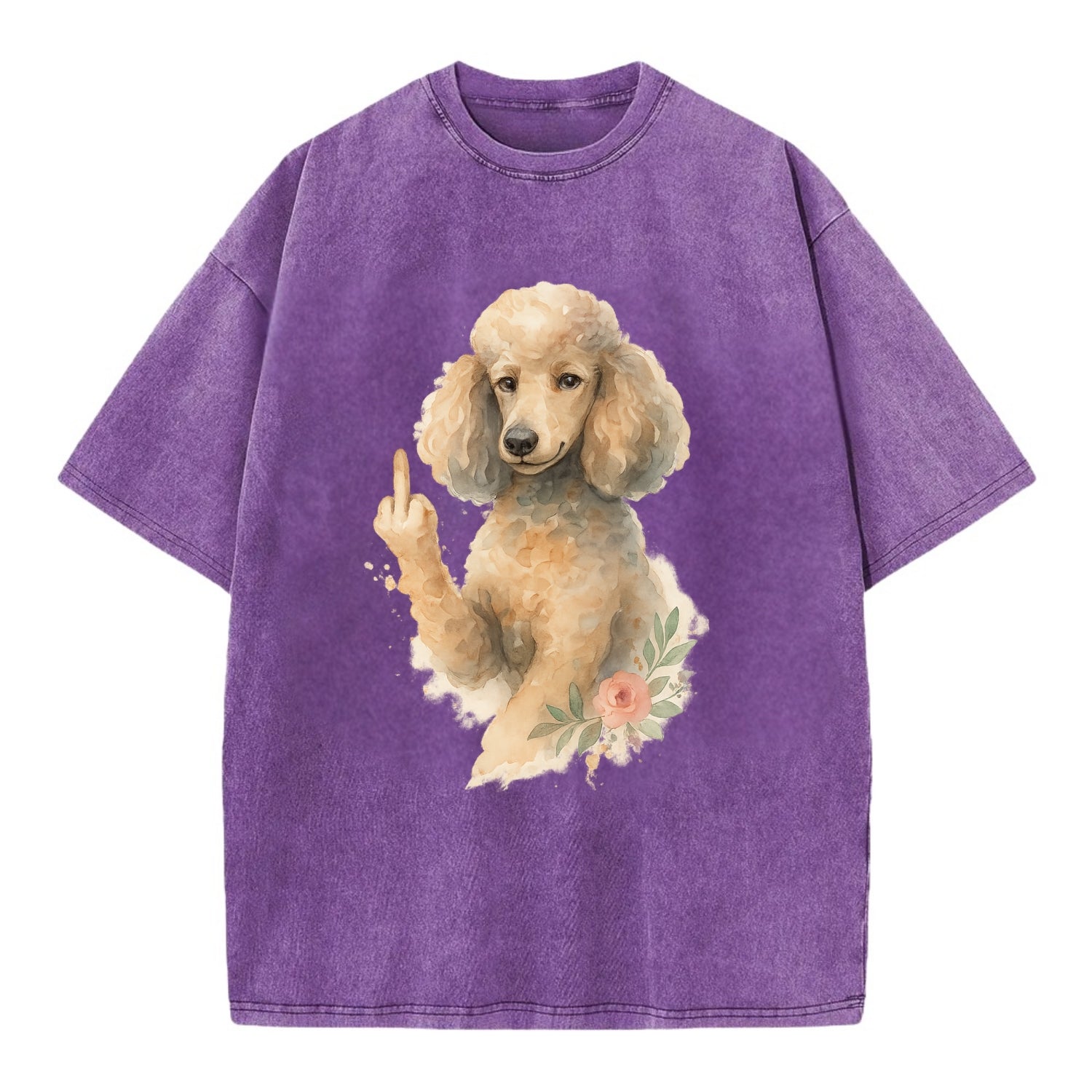 Standard Poodle with curly styled coat, intelligent face, fancy paw giving finger - Vintage T-shirt - Purple