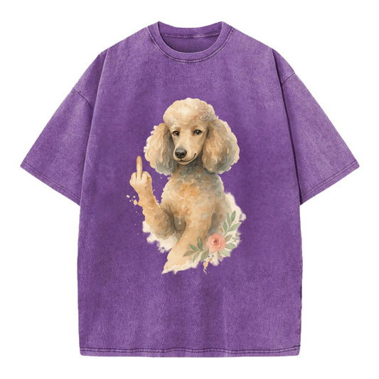 Standard Poodle with curly styled coat, intelligent face, fancy paw giving finger - Vintage T-shirt - Purple