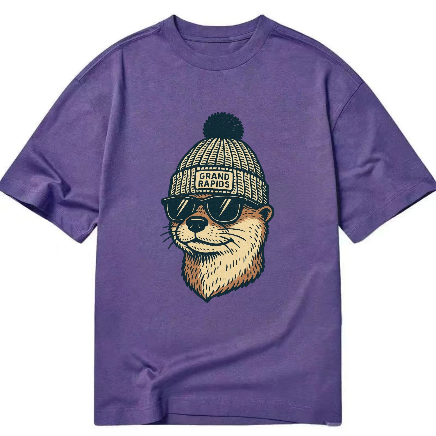 Grand Rapids River Otter wearing Grand Rapids beanie with pom pom and wayfarer - Classic T-shirt - Purple