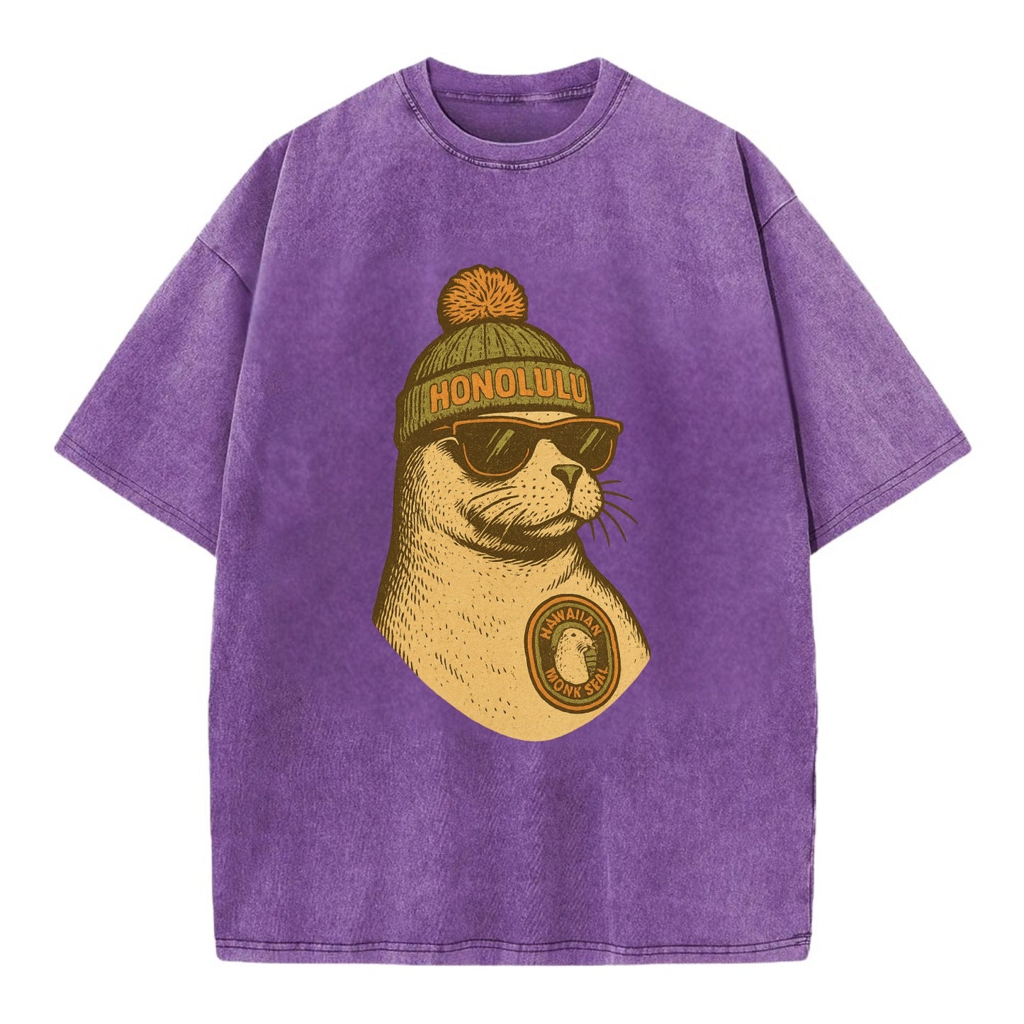 Hawaii Monk Seal wearing Honolulu beanie with pom pom and wayfarer sunglasses - Vintage T-shirt - Purple
