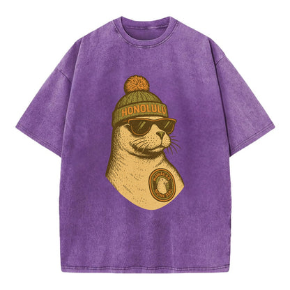 Hawaii Monk Seal wearing Honolulu beanie with pom pom and wayfarer sunglasses - Vintage T-shirt - Purple