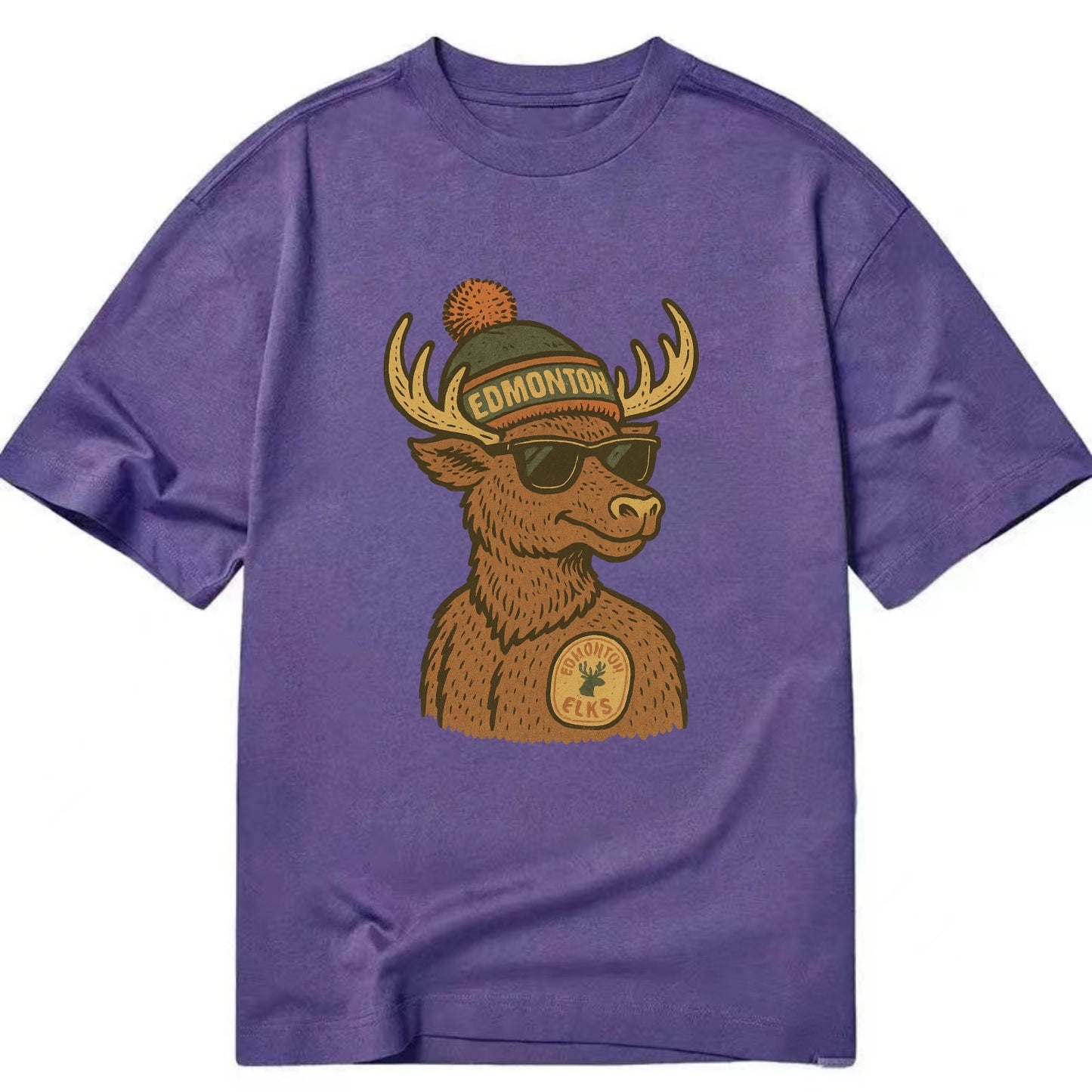 Edmonton Elk wearing Edmonton beanie with pom pom and wayfarer sunglasses - Classic T-shirt - Purple