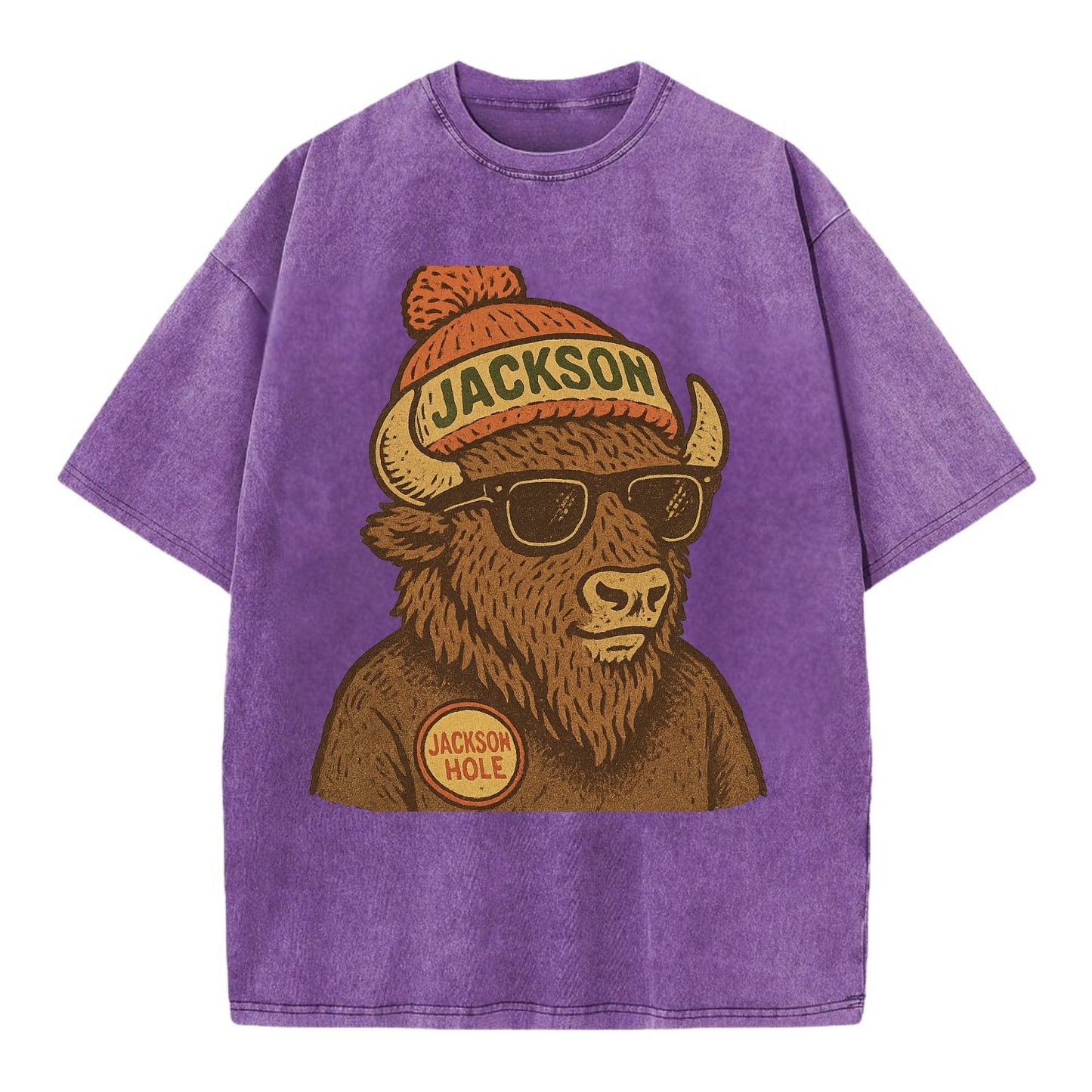 Jackson Hole Bison wearing Jackson beanie with pom pom and wayfarer sunglasses - Vintage T-shirt - Purple