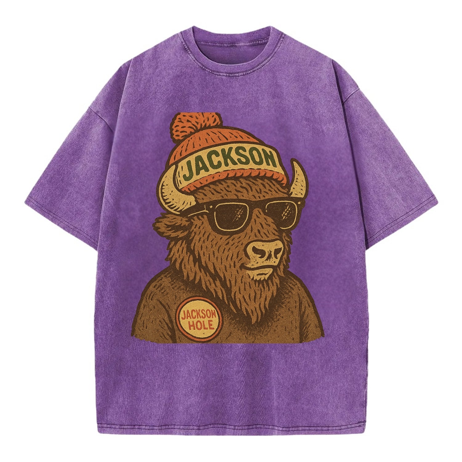Jackson Hole Bison wearing Jackson beanie with pom pom and wayfarer sunglasses - Vintage T-shirt - Purple