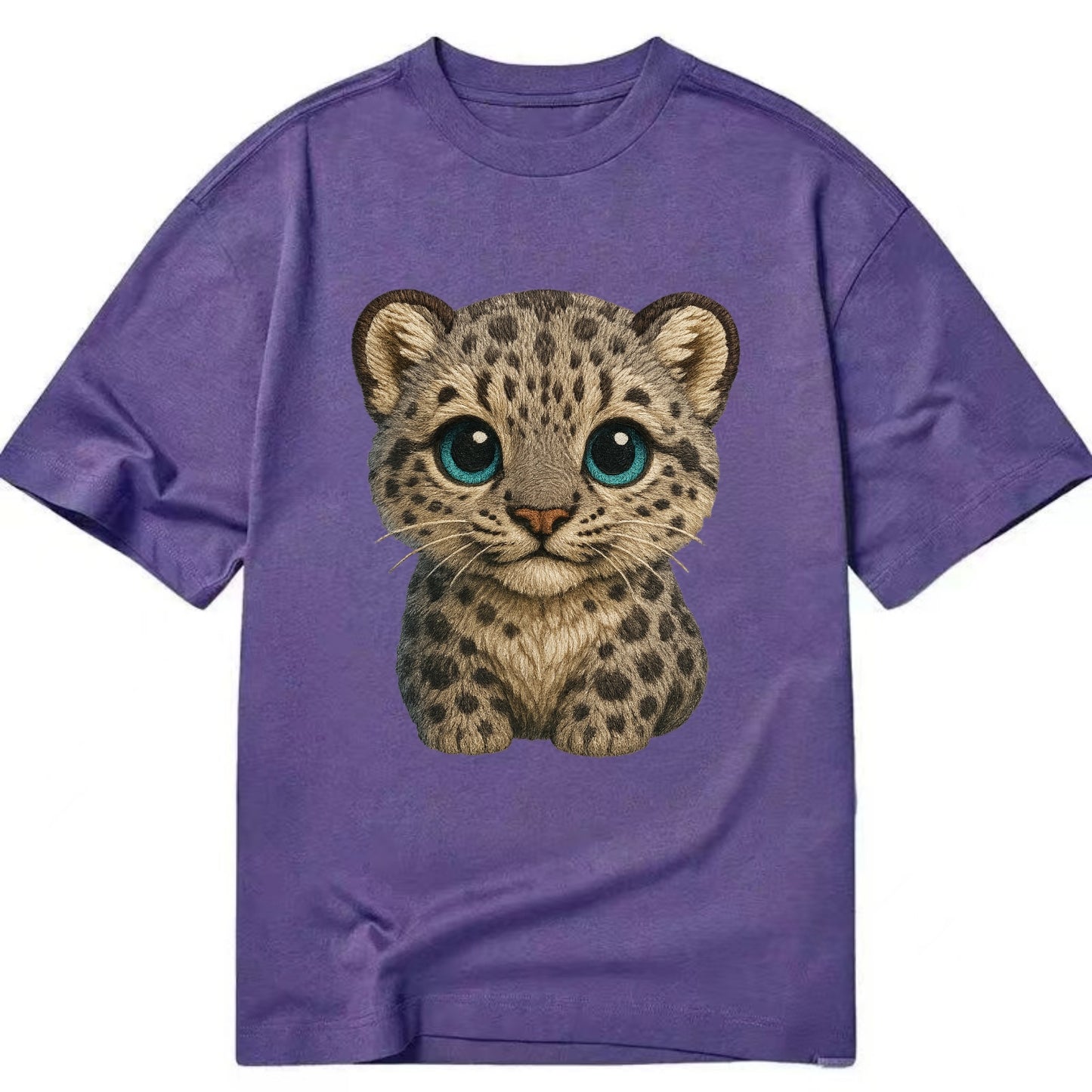 Baby Snow Leopard Cub - gray spotted, thick fur, blue-green eyes, front-facing, - Classic T-shirt - Purple