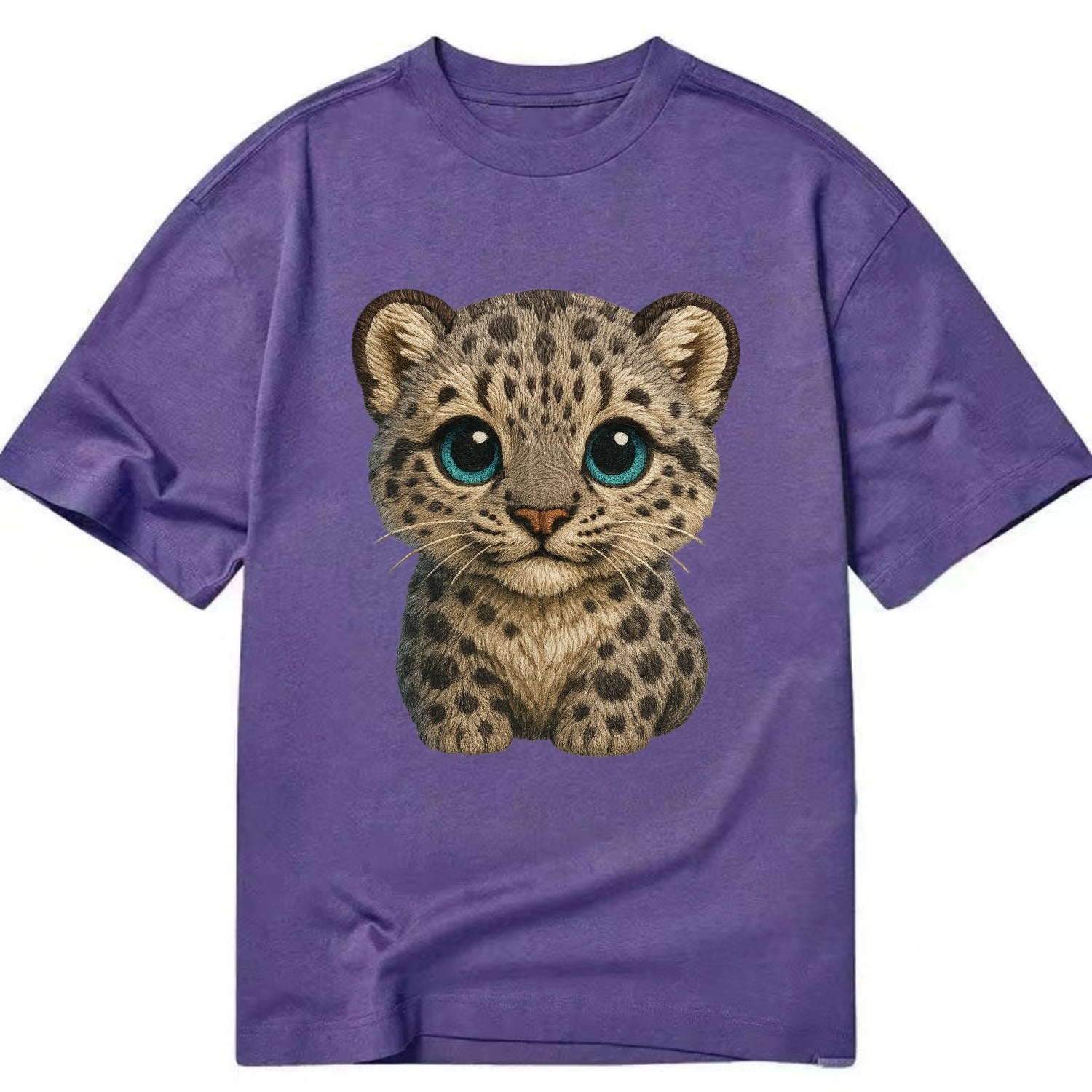 Baby Snow Leopard Cub - gray spotted, thick fur, blue-green eyes, front-facing, - Classic T-shirt - Purple