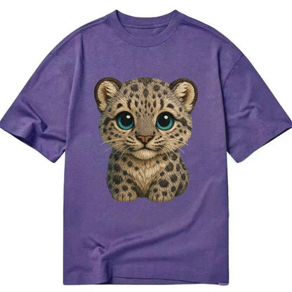 Baby Snow Leopard Cub - gray spotted, thick fur, blue-green eyes, front-facing, - Classic T-shirt - Purple