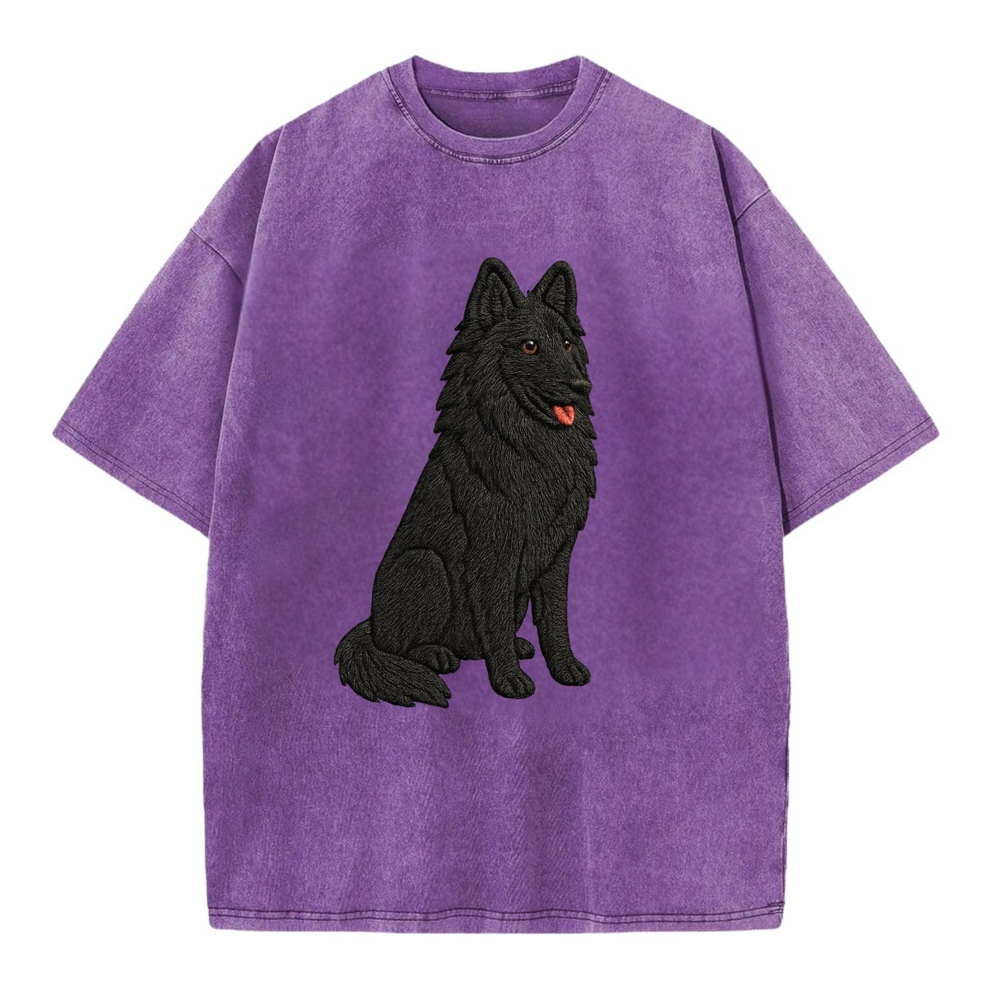 Belgian Sheepdog - Black long-haired embroidered pose - Vintage T-shirt - Purple