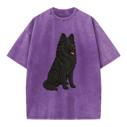 Belgian Sheepdog - Black long-haired embroidered pose - Vintage T-shirt - Purple