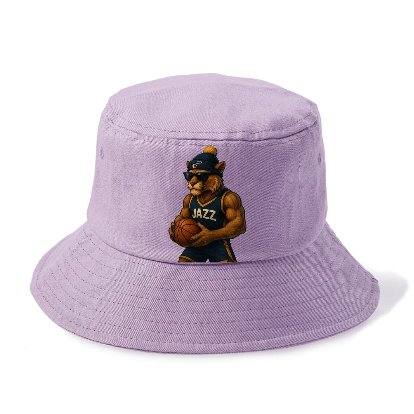 Utah Mountain Lion wearing Jazz navy and yellow beanie with music note and wayfarer - Bucket Hat - Purple