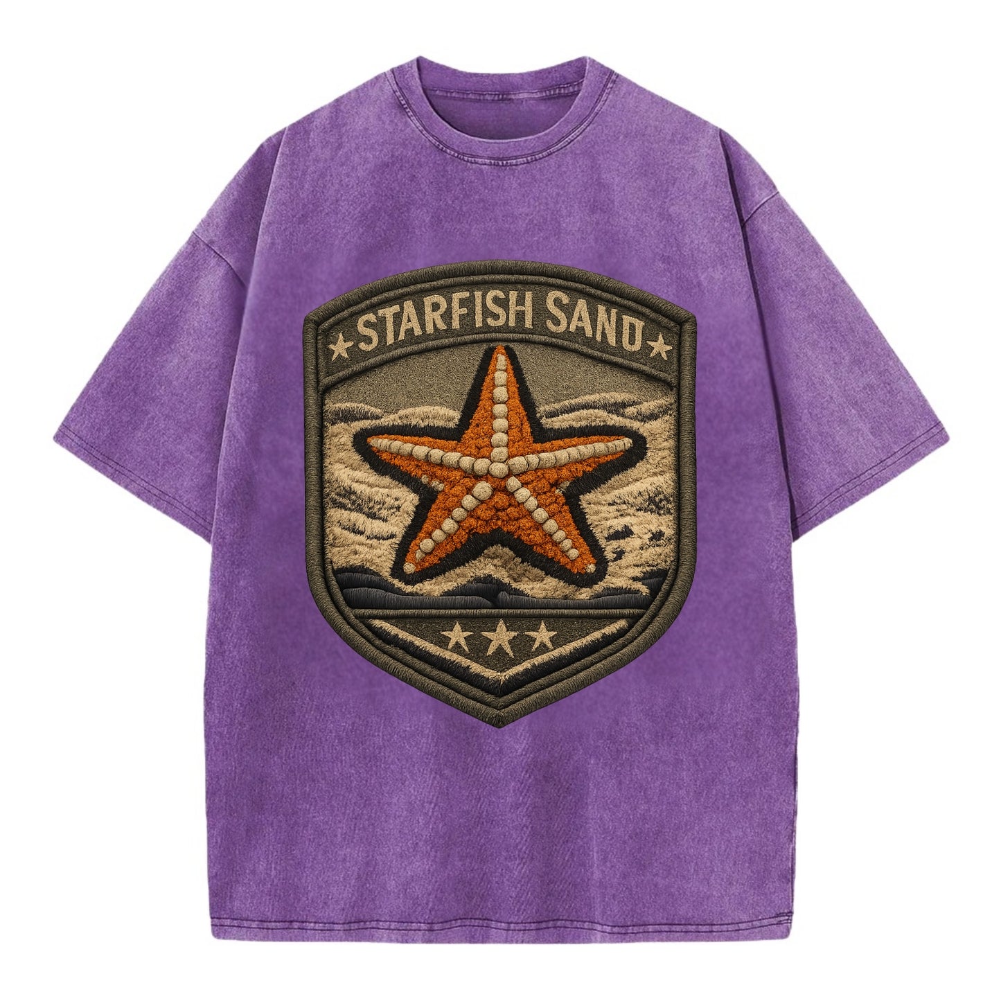 STARFISH SAND - sea star in orange and tan , beachcomber - Vintage T-shirt - Purple