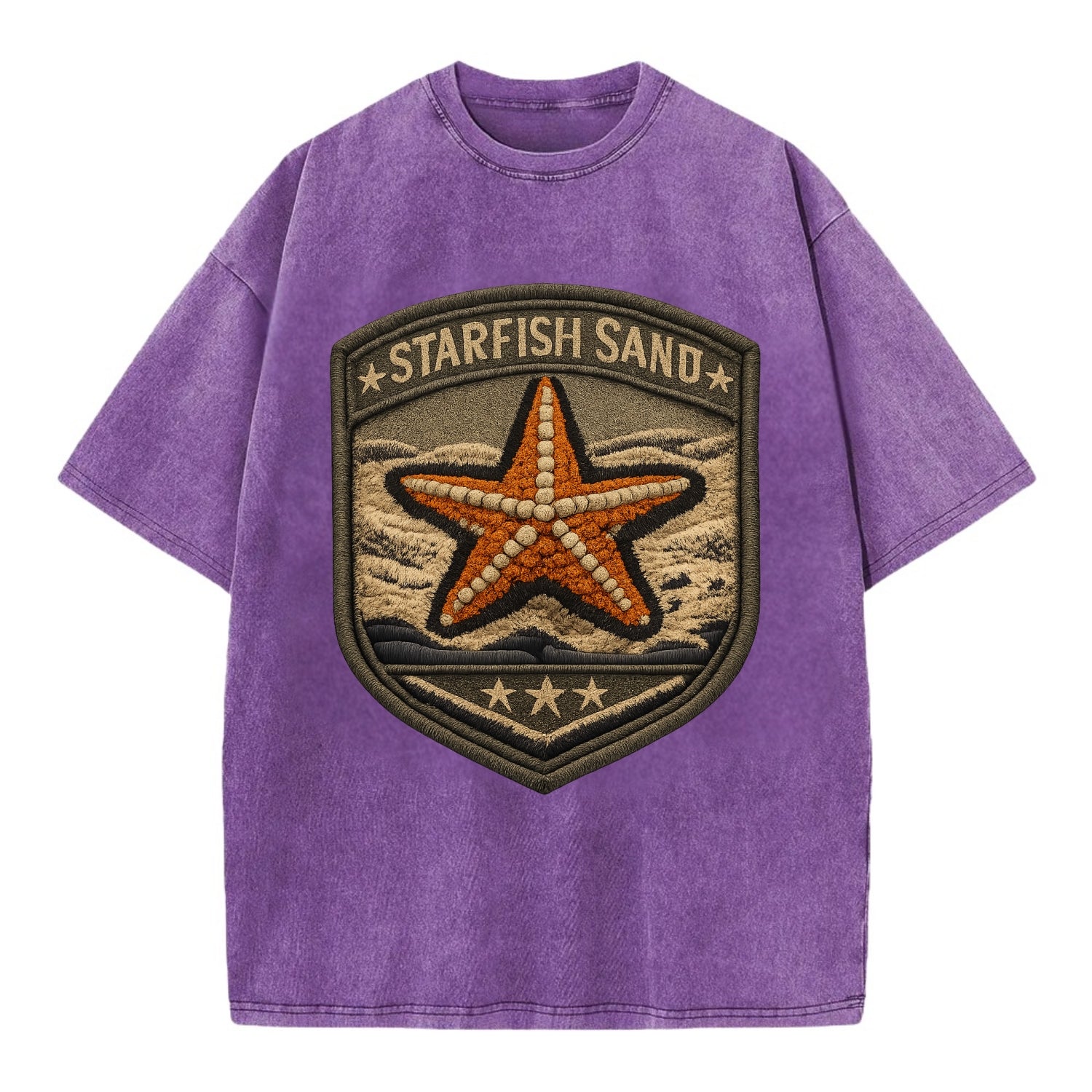 STARFISH SAND - sea star in orange and tan , beachcomber - Vintage T-shirt - Purple