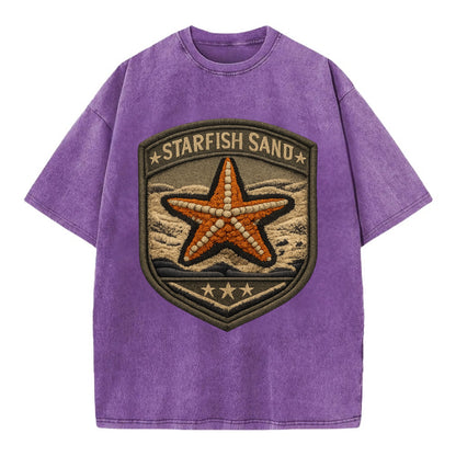 STARFISH SAND - sea star in orange and tan , beachcomber - Vintage T-shirt - Purple