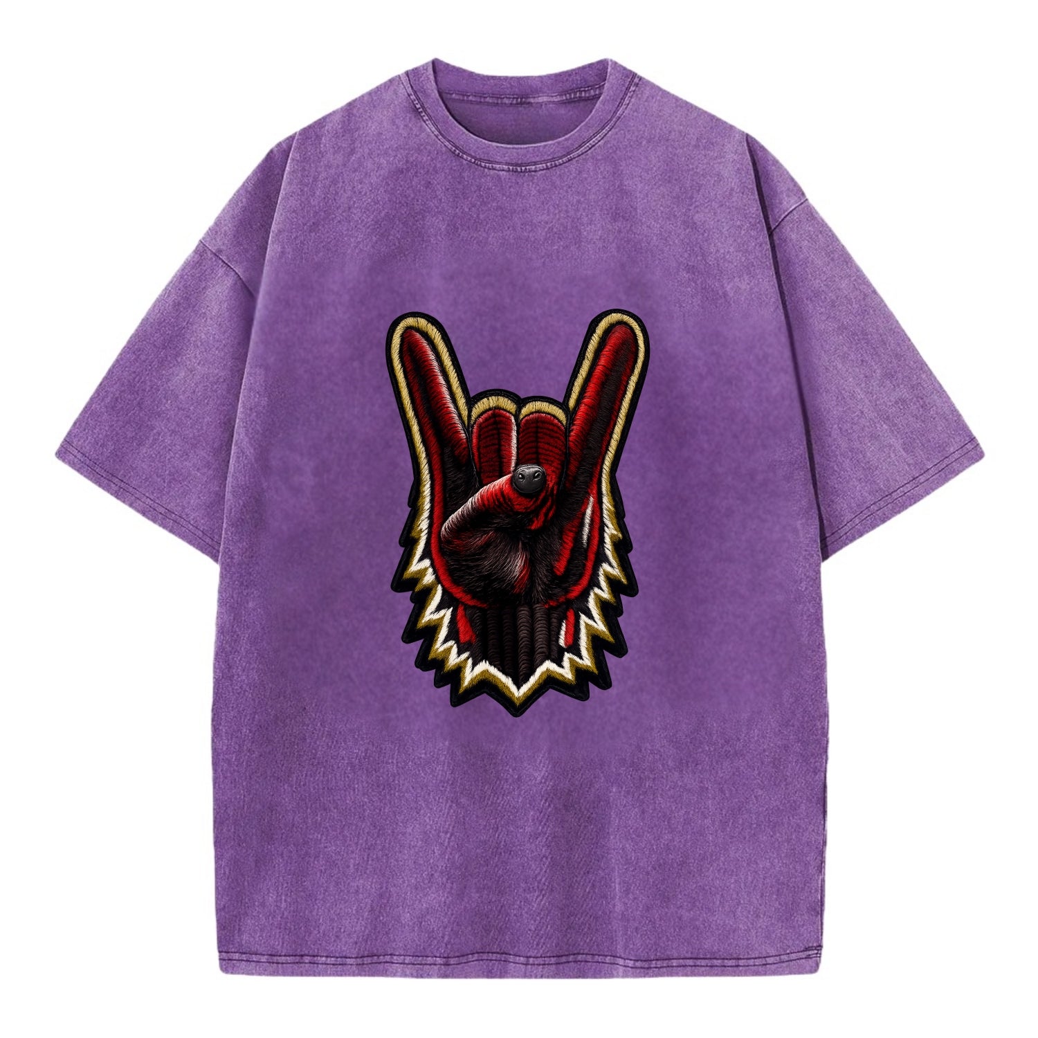 ROCK HAND HORNS - devil horns hand gesture in black and red , metal music - Vintage T-shirt - Purple