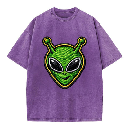 ALIEN MARTIAN - green alien with antenna in green , little green man - Vintage T-shirt - Purple
