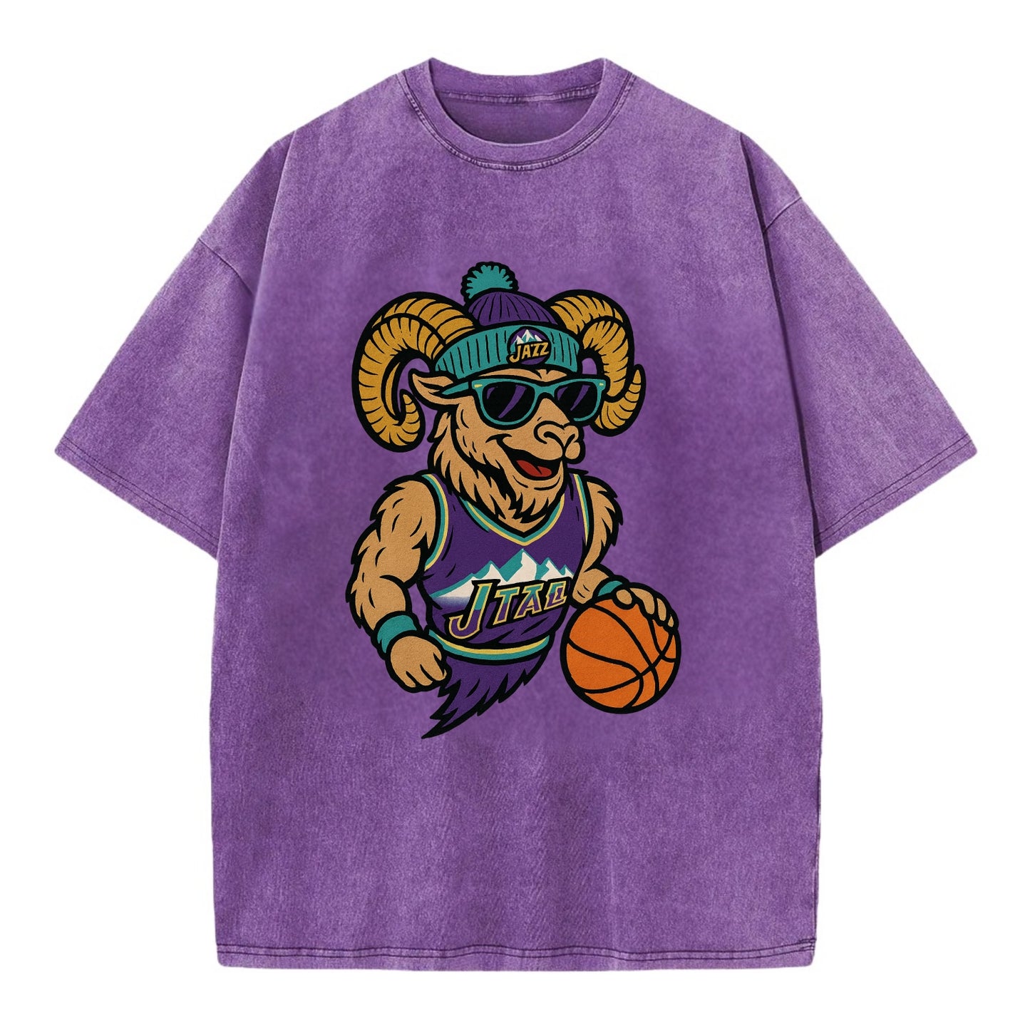 Utah Bighorn wearing Jazz beanie with mountain melody patch and wayfarer - Vintage T-shirt - Purple