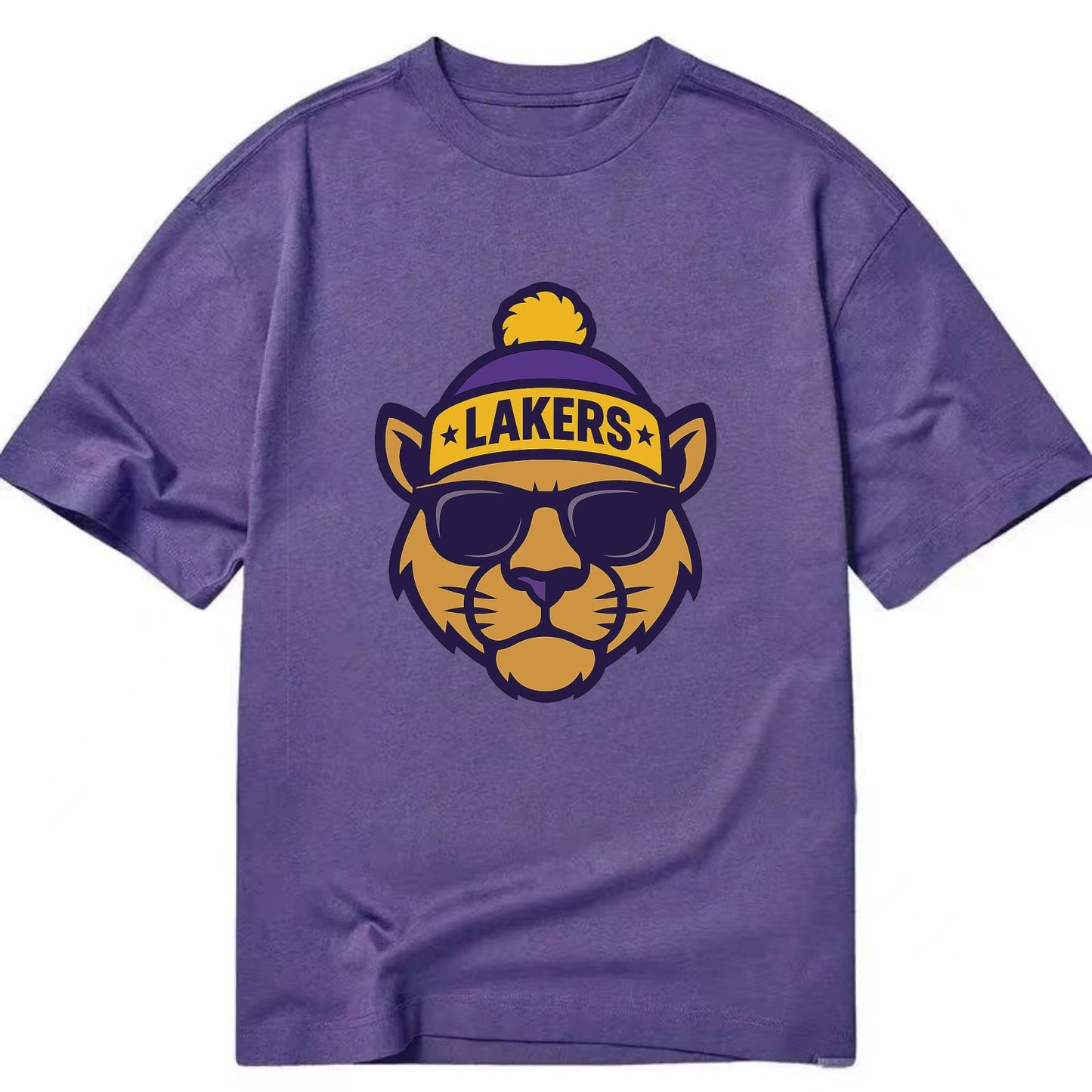 LA Mountain Lion wearing Lakers purple and gold beanie with championship stars - Classic T-shirt - Purple