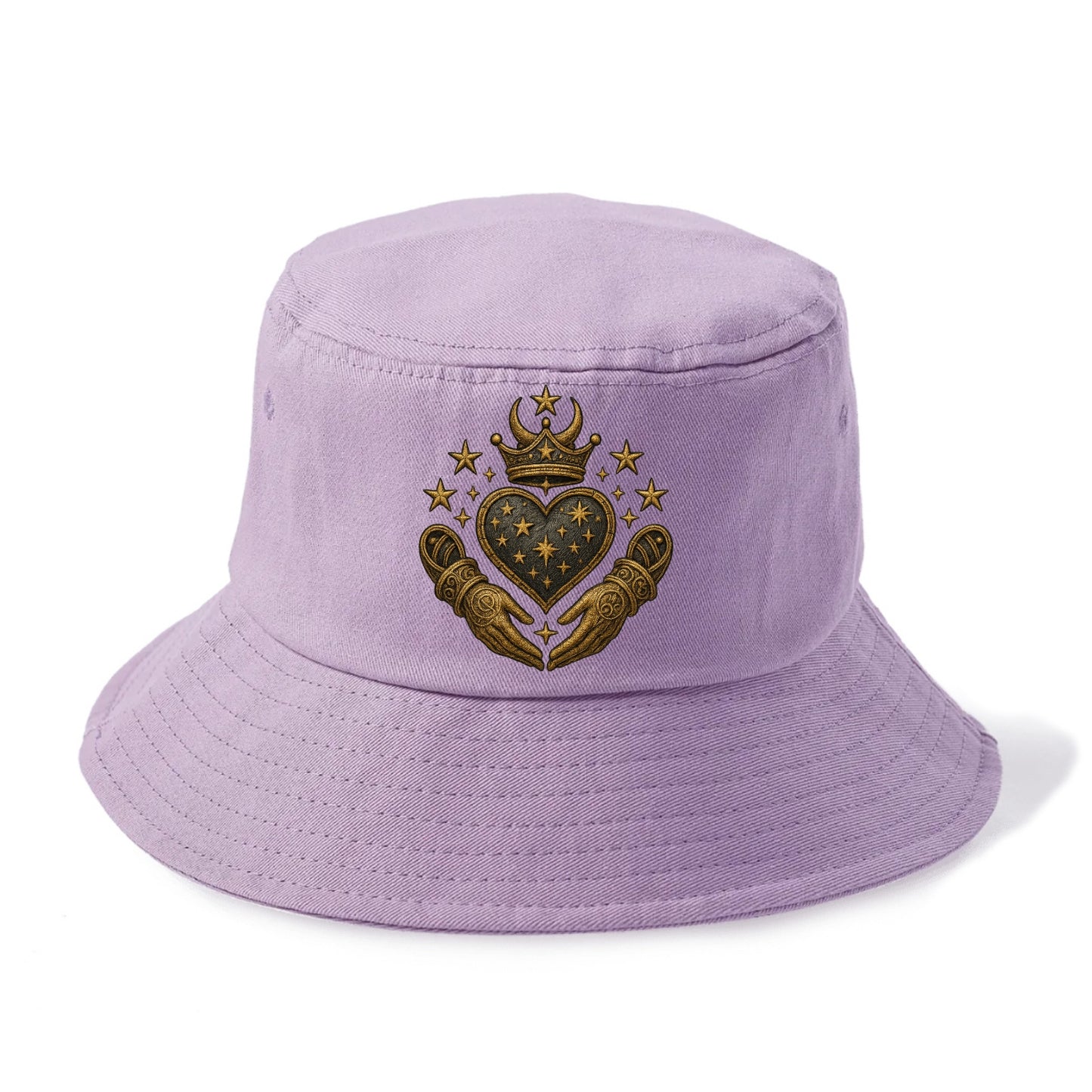 Weathered antique brass crown above a hammered gunmetal heart framed by ivy-woven - Bucket Hat - Purple