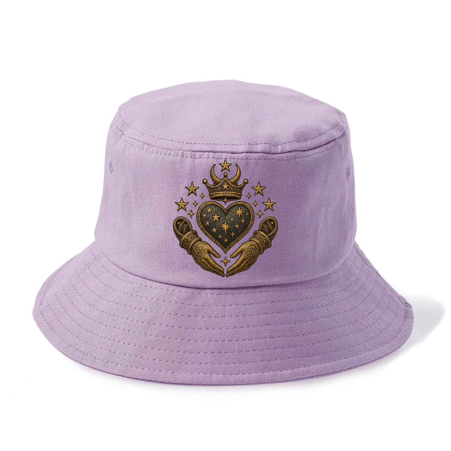 Weathered antique brass crown above a hammered gunmetal heart framed by ivy-woven - Bucket Hat - Purple