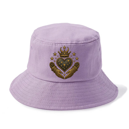 Weathered antique brass crown above a hammered gunmetal heart framed by ivy-woven - Bucket Hat - Purple