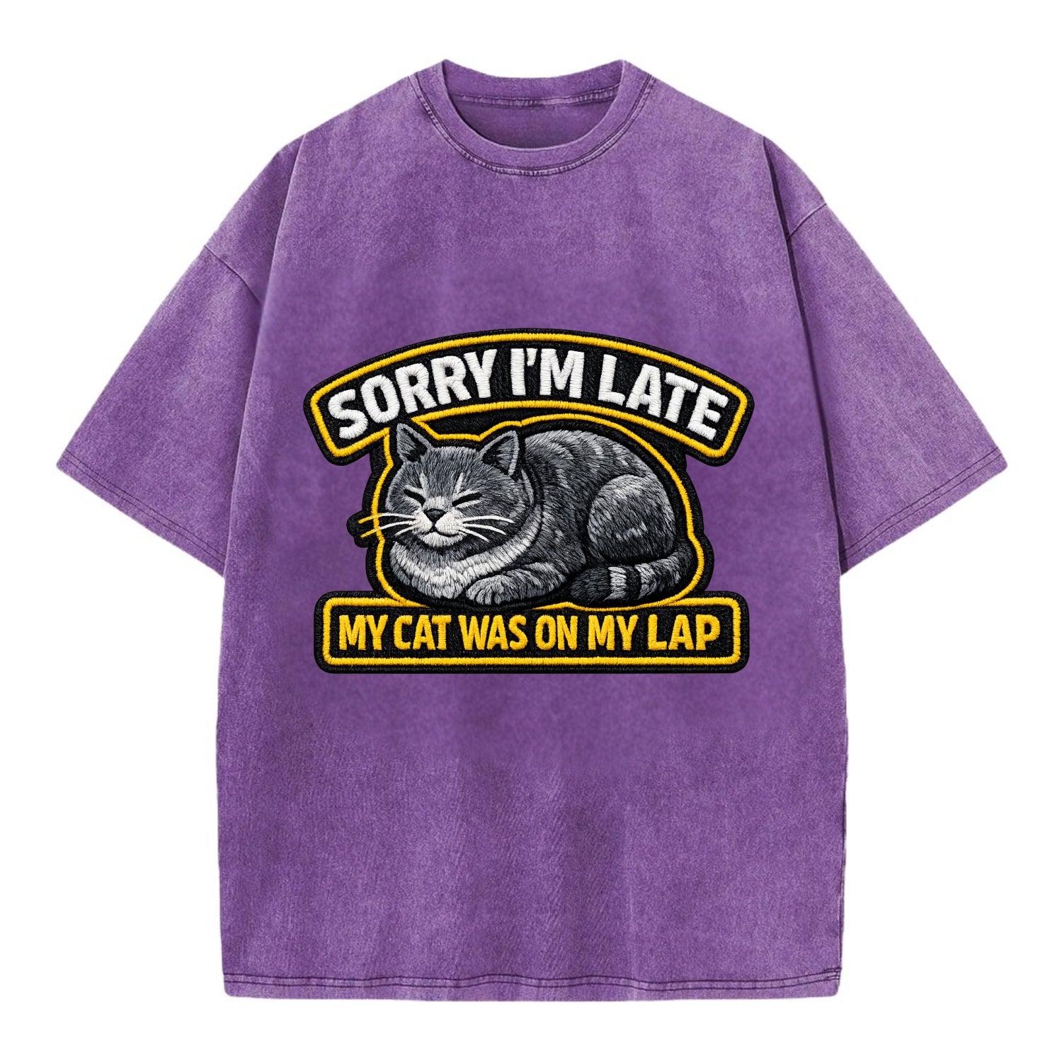 SORRY IM LATE MY CAT WAS ON MY LAP - cat loaf in gray , valid excuse - Vintage T-shirt - Purple