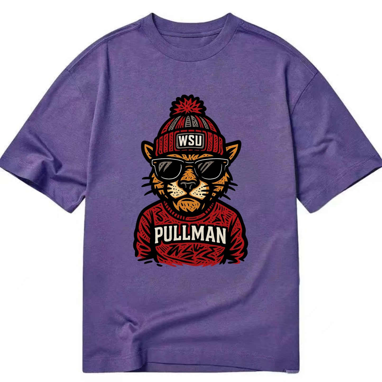 Pullman Cougar wearing Washington State beanie with WSU patch - Classic T-shirt - Purple