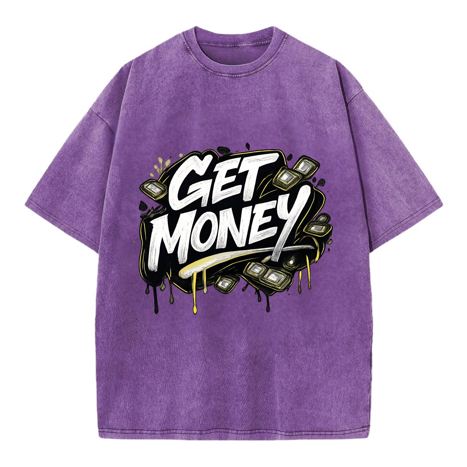 Bold typography design - "GET MONEY" - pursuit of wealth, earning - Vintage T-shirt - Purple