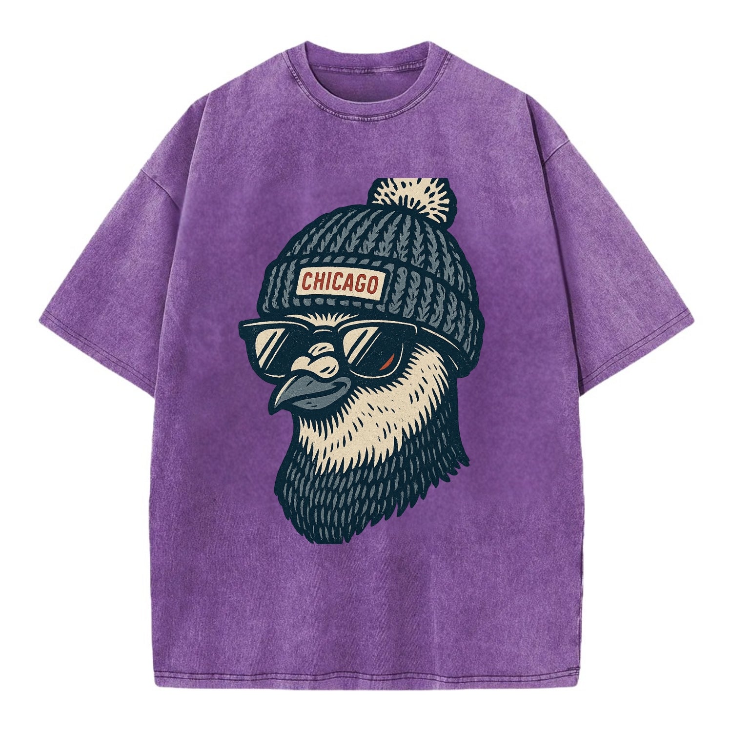 Chicago Pigeon wearing Chicago beanie with pom pom and wayfarer sunglasses - Vintage T-shirt - Purple