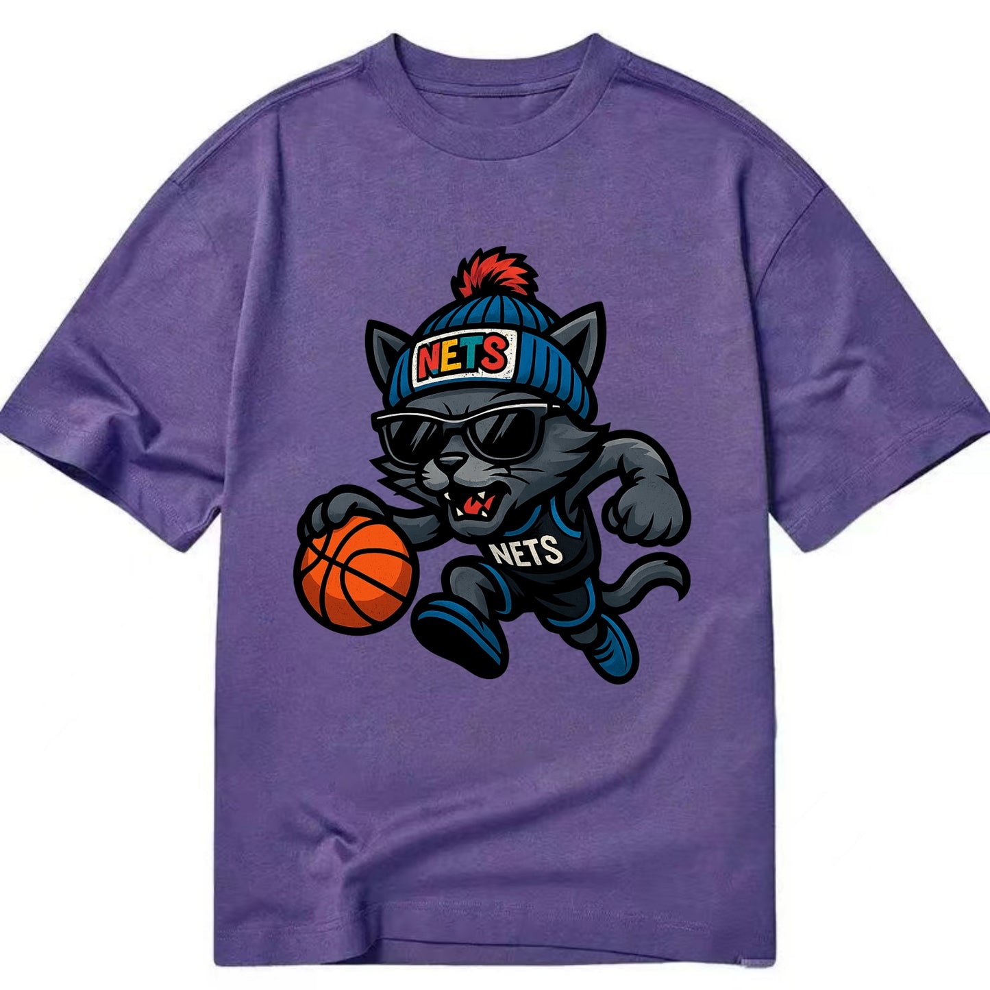 Brooklyn Cat wearing Nets beanie with street art patch and wayfarer sunglasses - Classic T-shirt - Purple