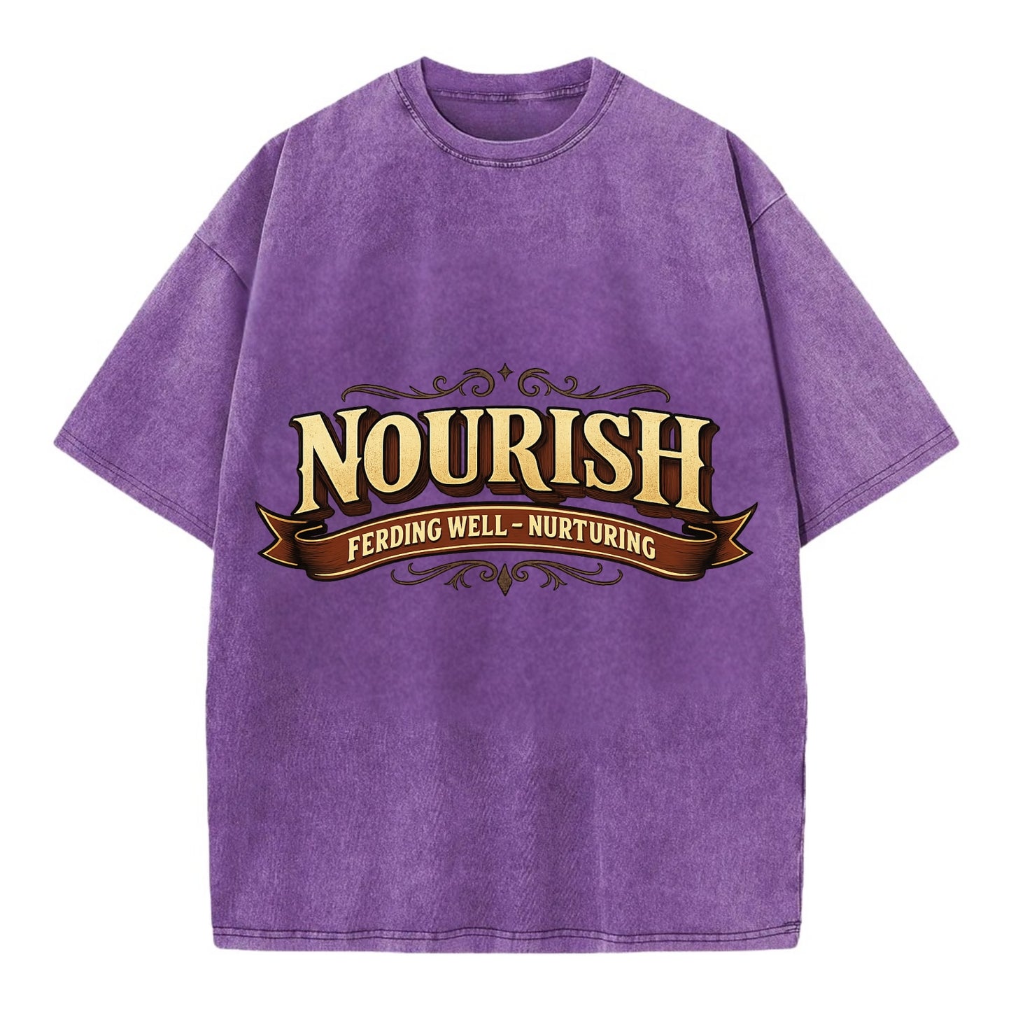 Bold typography design - "NOURISH" - feeding well, nurturing - Vintage T-shirt - Purple