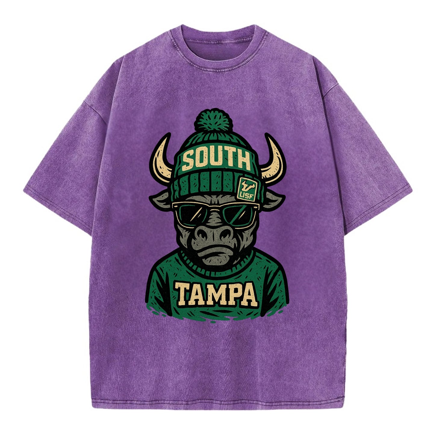 Tampa Bull wearing South Florida beanie with USF patch - Vintage T-shirt - Purple
