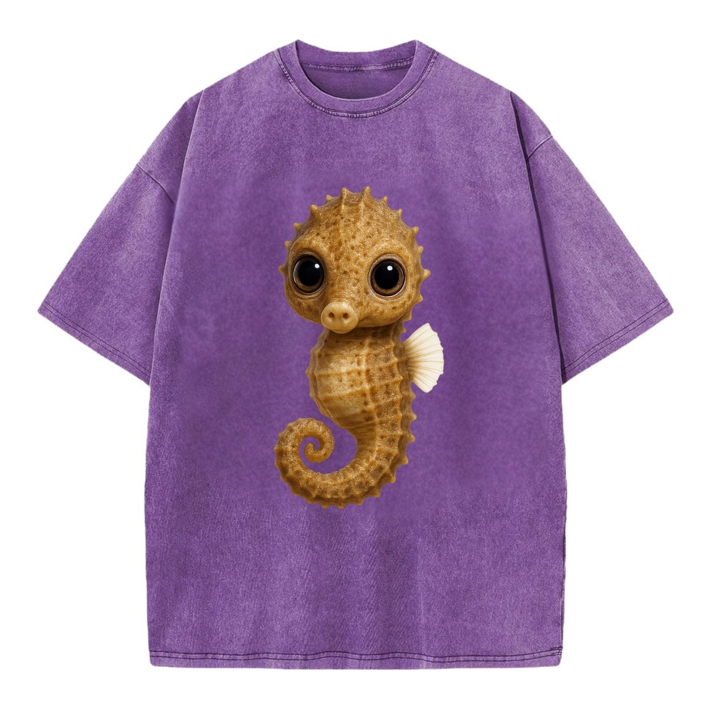 Baby Seahorse - curled tail, snout, large eyes, front-facing, delicate and cute - Vintage T-shirt - Purple