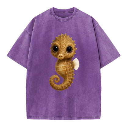 Baby Seahorse - curled tail, snout, large eyes, front-facing, delicate and cute - Vintage T-shirt - Purple