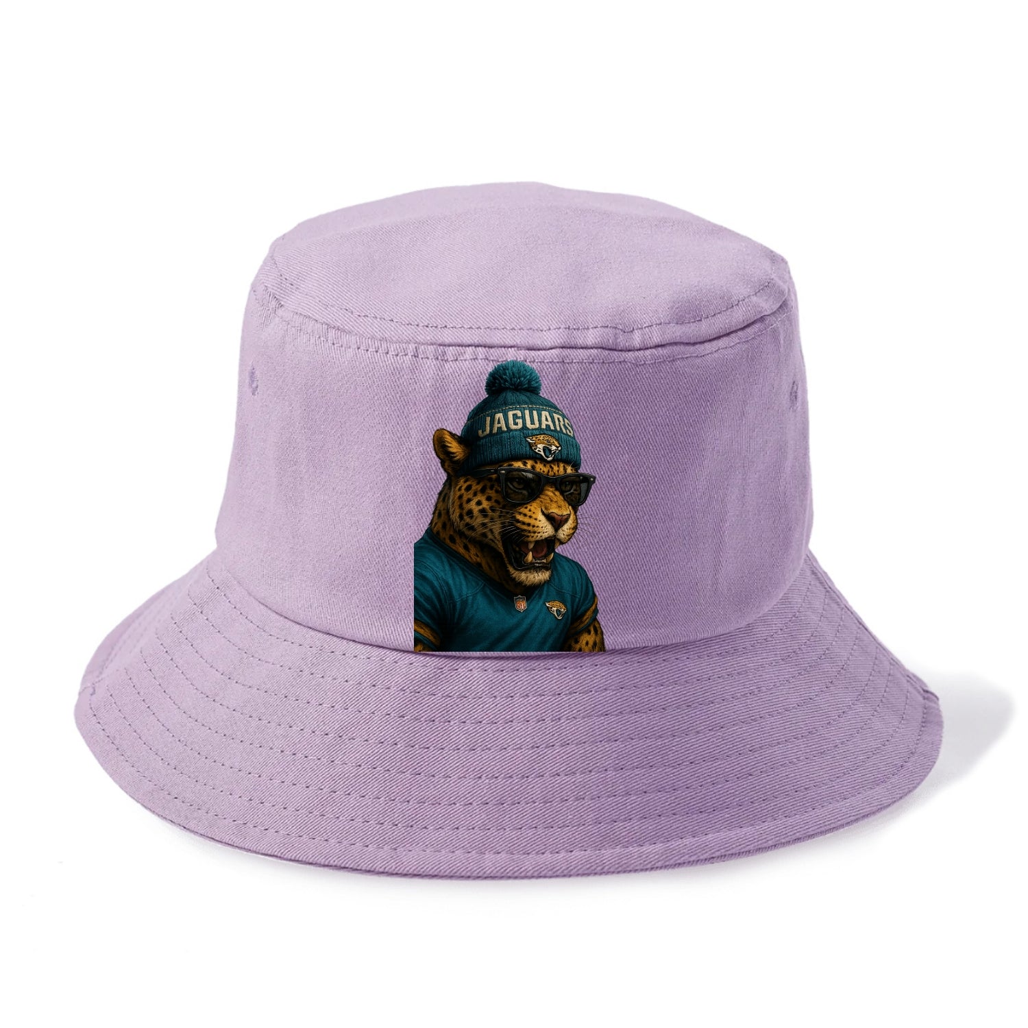 Jacksonville Jaguar wearing Jaguars teal and gold beanie with pom pom and wayfarer - Bucket Hat - Purple