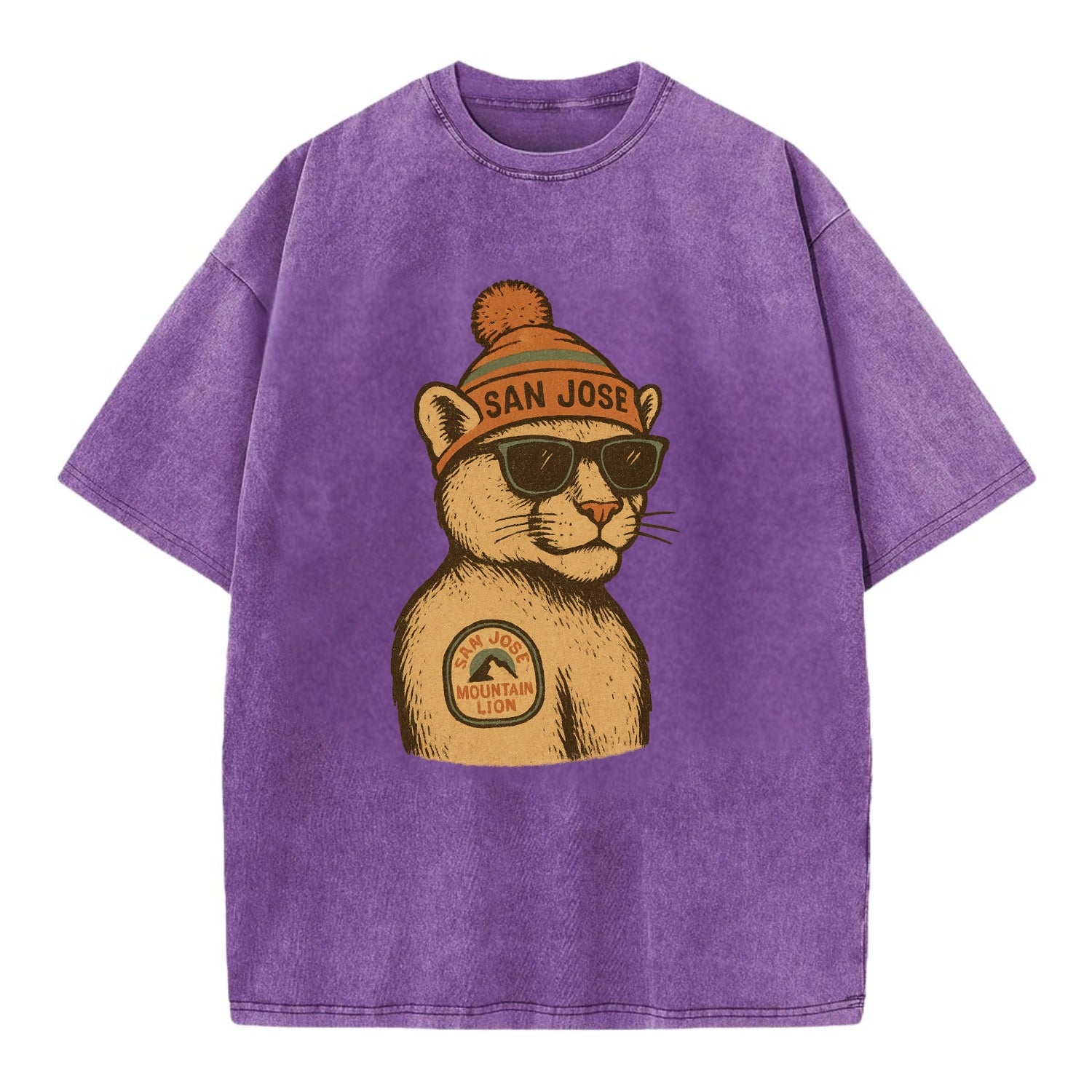 San Jose Mountain Lion wearing San Jose beanie with pom pom and wayfarer - Vintage T-shirt - Purple